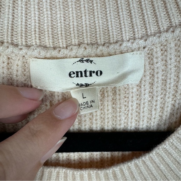 Entro Blush Cream Textured Puff Balloon Sleeve Crewneck Sweater Neutral Boho - Picture 4 of 4